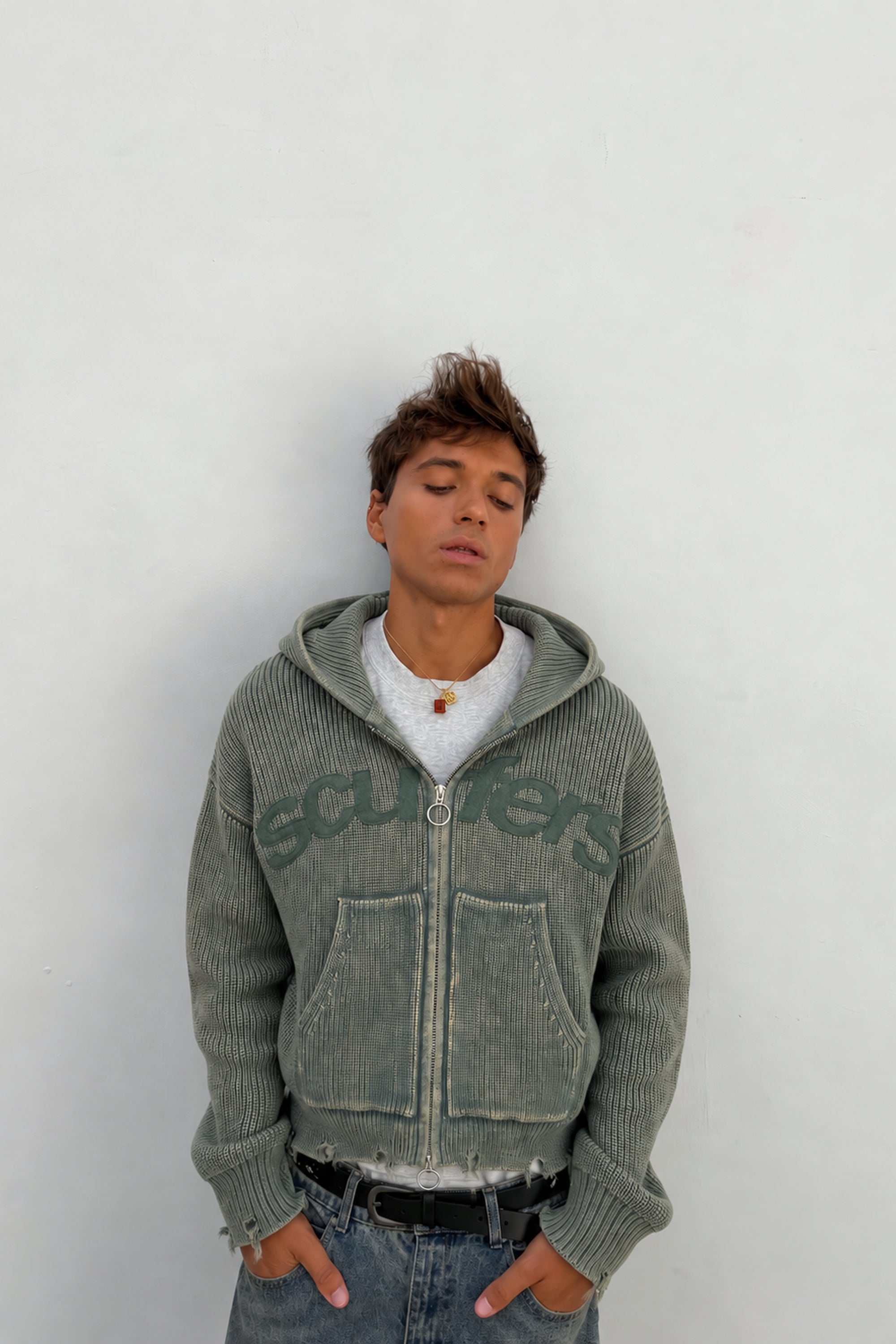Buzz Dusty Green Knit Zipper - Knitwear | Scuffers