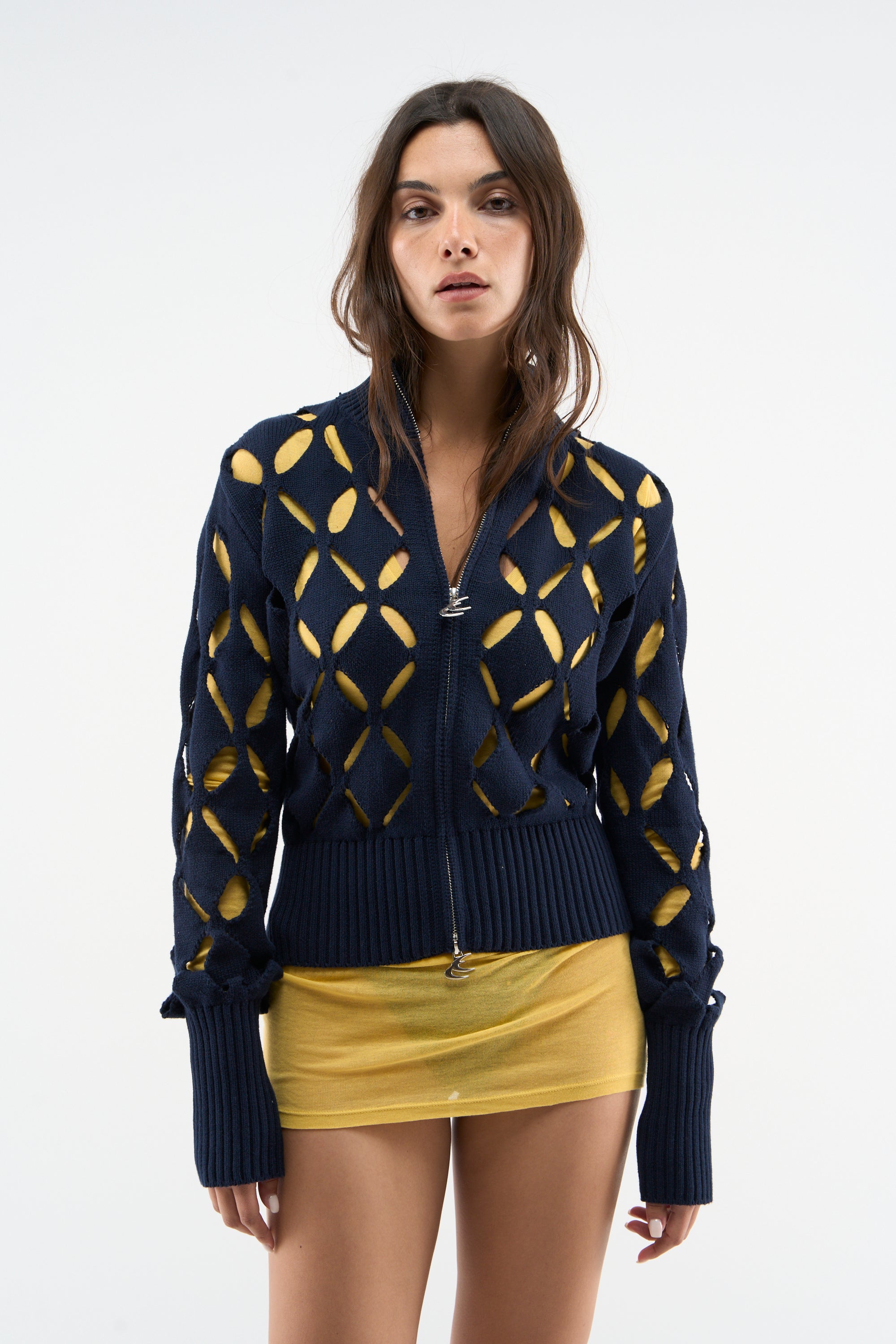 Cambodia Holes Navy Zipper Knit