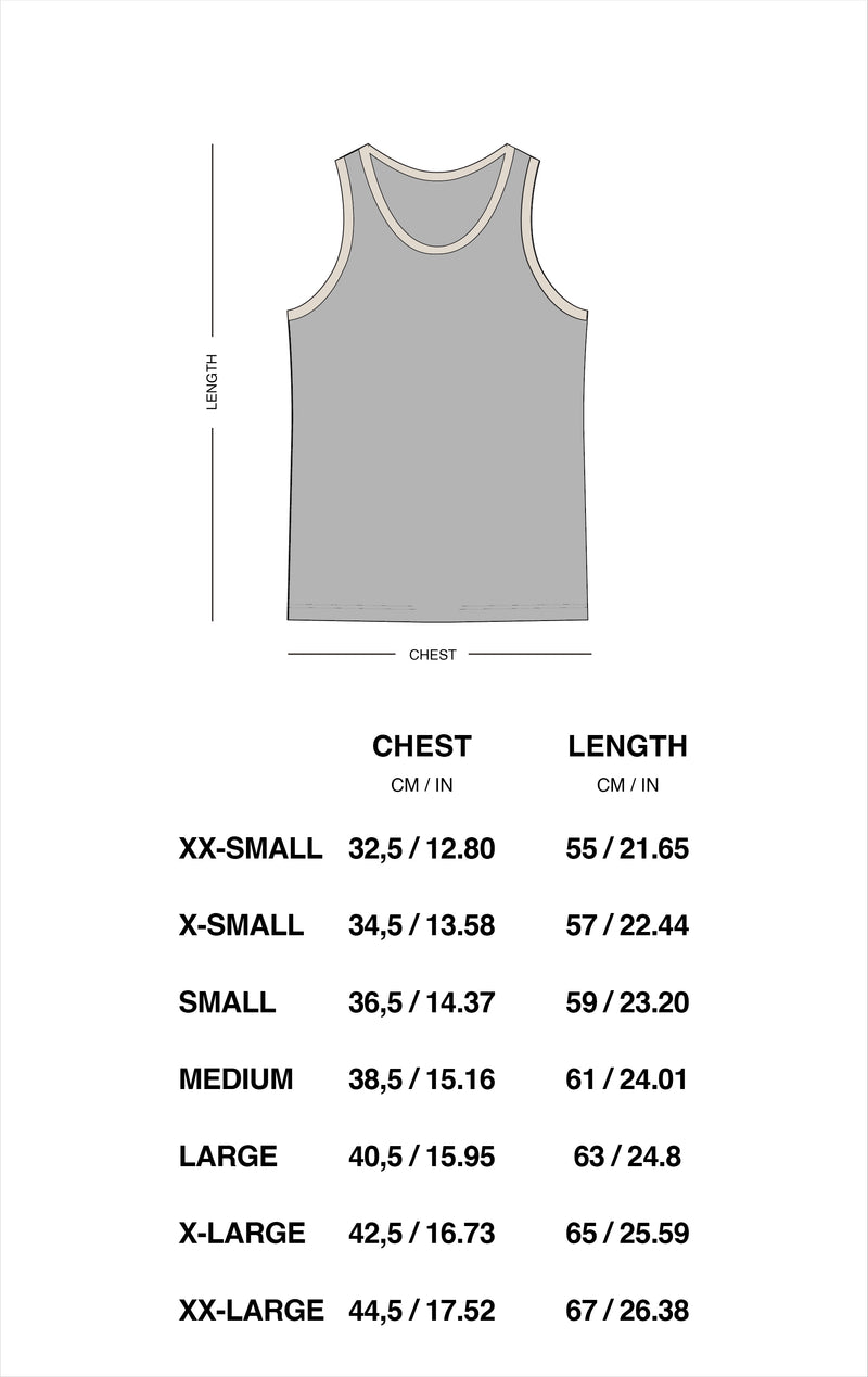 Guía de tallas oficial de Scuffers para BW Canale SCFF Tank Top Pack