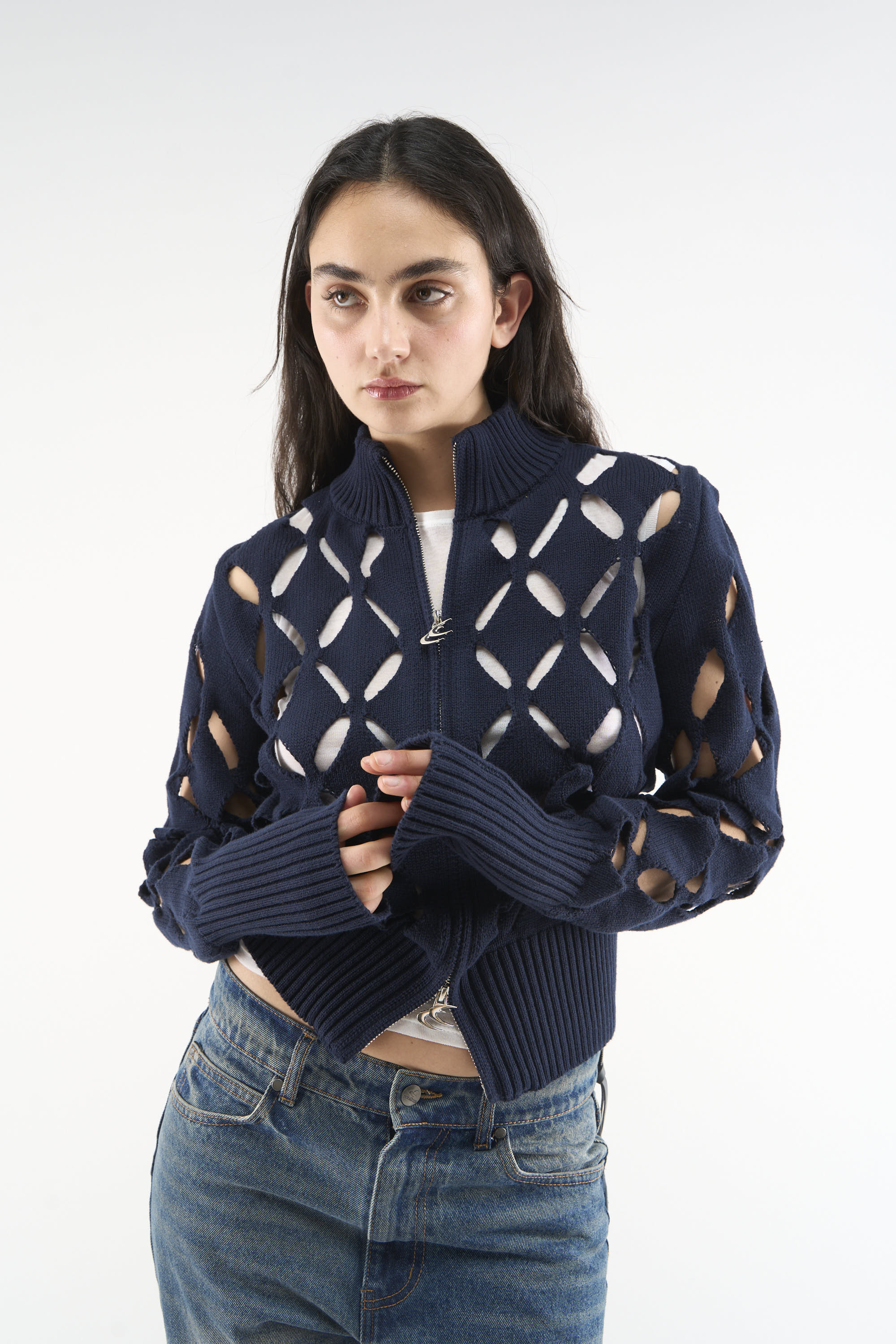 Cambodia Holes Navy Zipper Knit